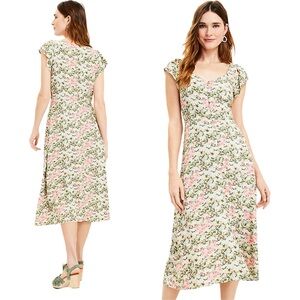Loft Agave Floral Cap Sleeve Sweetheart Neckline Button Down Midi Dress Size 4